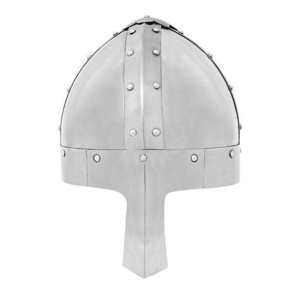 casque médiéval normand en acier nasal avec incrustation de cuir