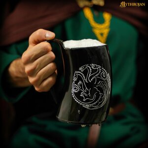 Chope de bière viking en corne avec lanière de cuir attache ceinture 600ml "Dragon à trois têtes".