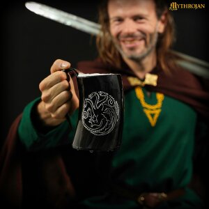 Chope de bière viking en corne avec lanière de cuir attache ceinture 600ml "Dragon à trois têtes".