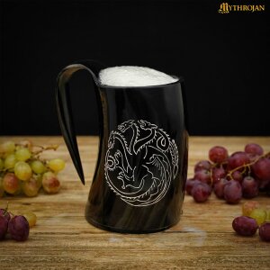 Chope de bière viking en corne avec lanière de cuir attache ceinture 600ml "Dragon à trois têtes".