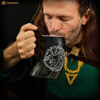 Chope de bière viking en corne avec lanière de cuir attache ceinture 600ml "Dragon à trois têtes".