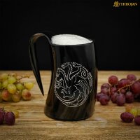 Chope de bière viking en corne avec lanière de cuir attache ceinture 600ml "Dragon à trois têtes".