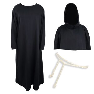 Set habit de moine noir: habit, cucullule, ceinture de corde & croix en bois