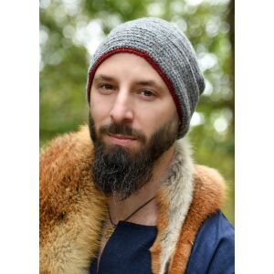 Bonnet en laine, crocheté, gris-rouge-bordeaux