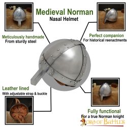 Casque en acier normand à visière nasale avec doublure en cuir, calibre 14 (2 mm)