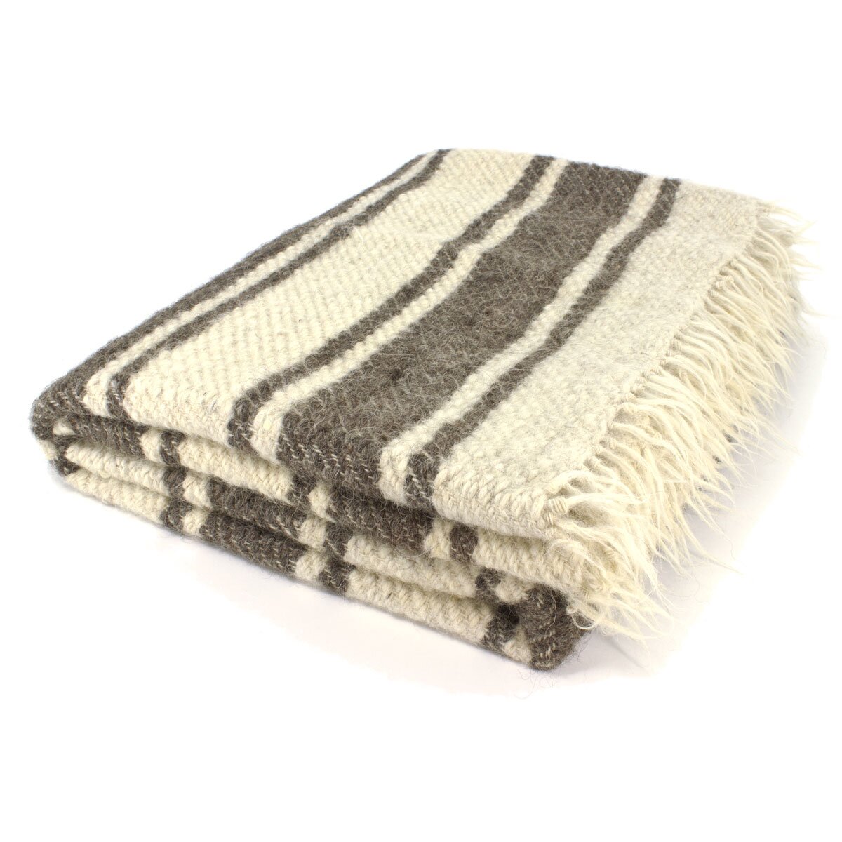 Gigantic handwoven blanket woolwhite with grey stripes...