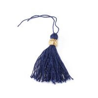 Houppette bleu foncé avec perle décorative dorée pour sacs, pochettes ou paternoster