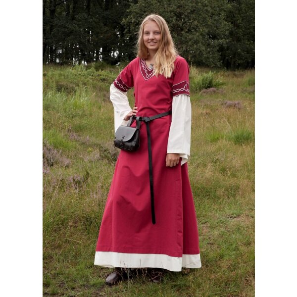 Robe haut-médiévale Alvina avec manches en trompette rouge/naturelle