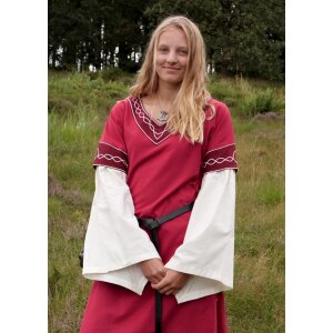 Robe haut-médiévale Alvina avec manches en trompette rouge/naturelle