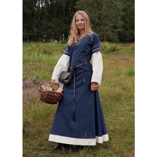 Robe haut-médiévale Alvina avec manches en trompette bleu/naturel