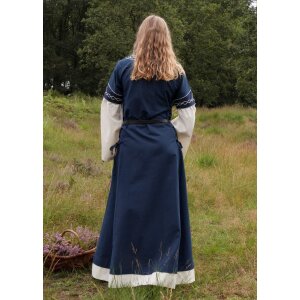 Robe haut-médiévale Alvina avec manches en trompette bleu/naturel