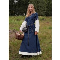 Robe haut-médiévale Alvina avec manches en trompette bleu/naturel