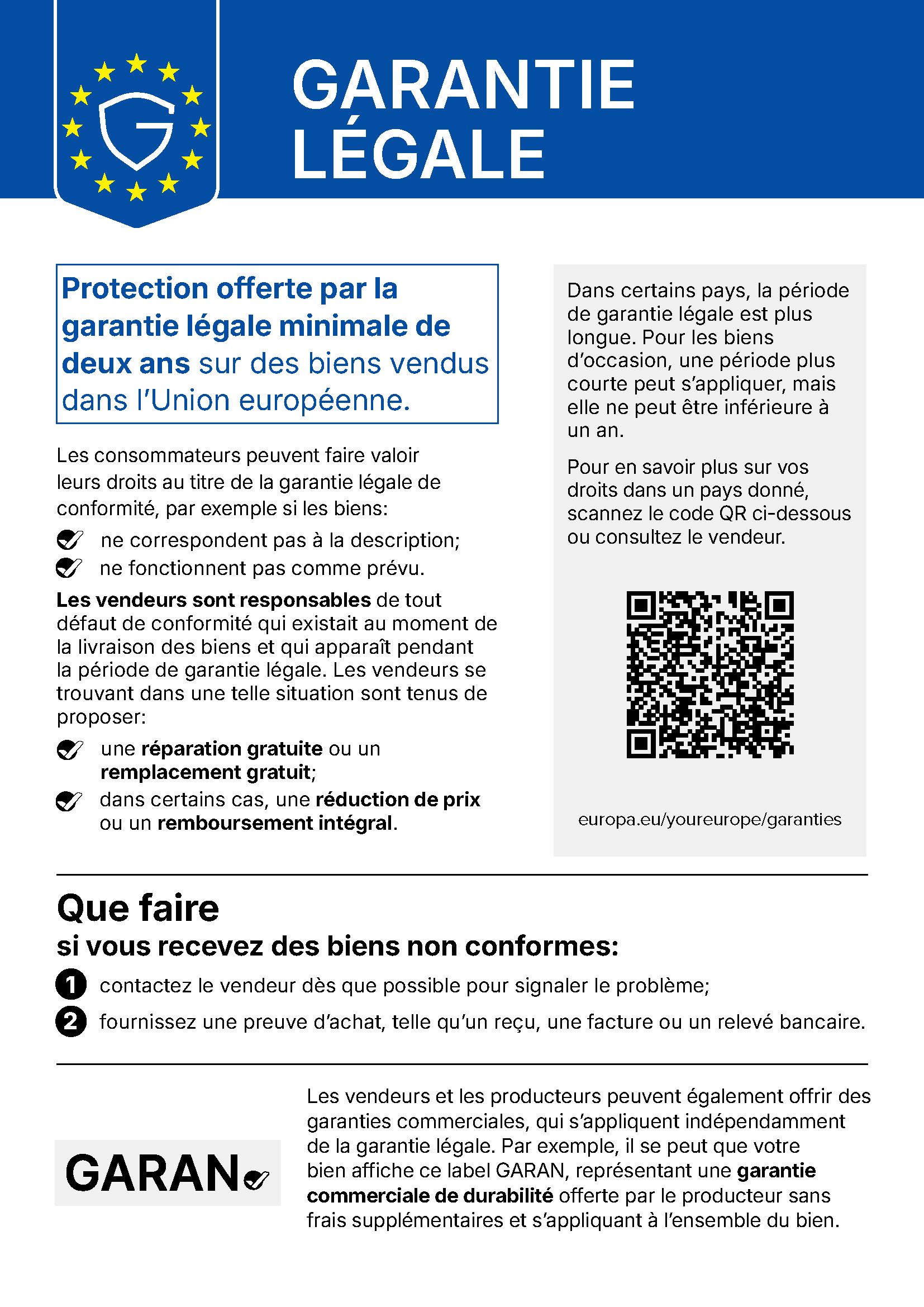 Avis officiel de l’UE sur la garantie légale : garantie légale minimale de deux ans sur les biens vendus dans l’Union européenne.